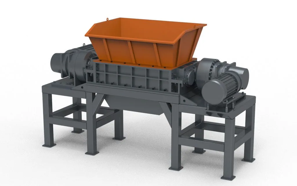 Double shaft e-waste shredder for mixed electronic assemblies