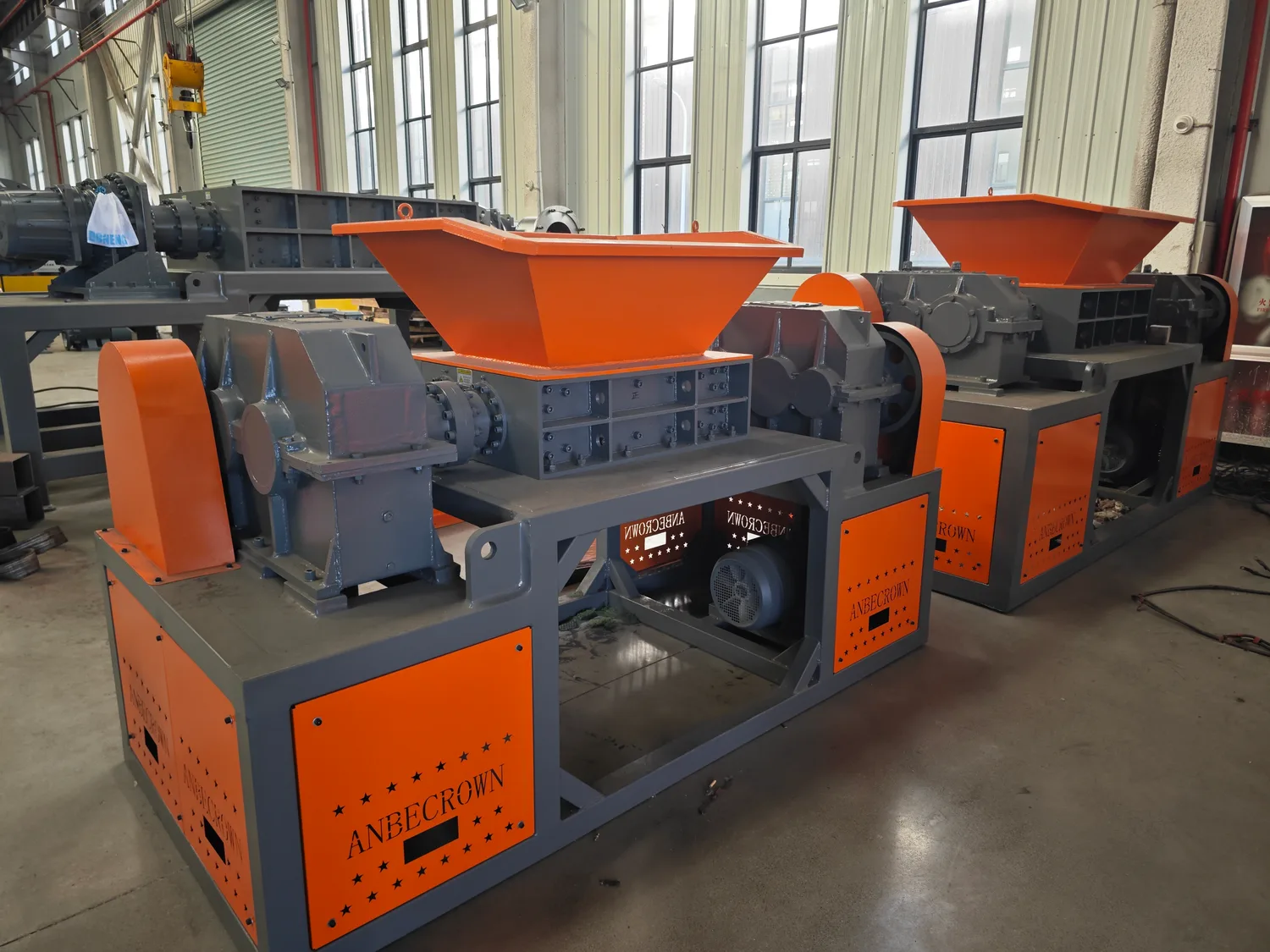 Real BoRay double shaft shredder machines in factory workshop